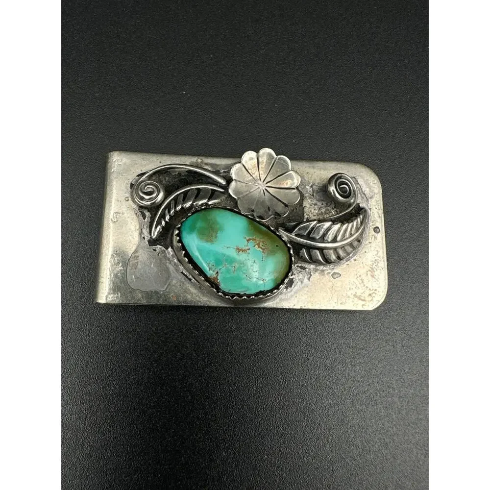 Vintage Navajo Style Sterling Silver Turquoise Money Clip Leaf & Flower Design